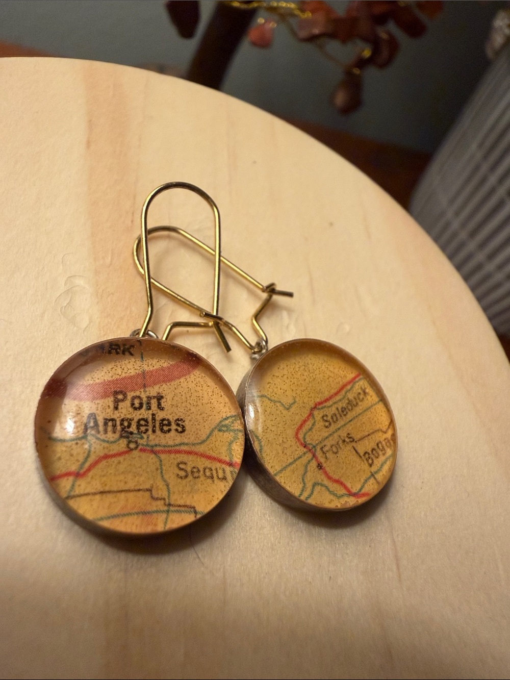 Map of Port Angeles (Washington) Glass Dome Drop Earrings - Gold Toned Hooks